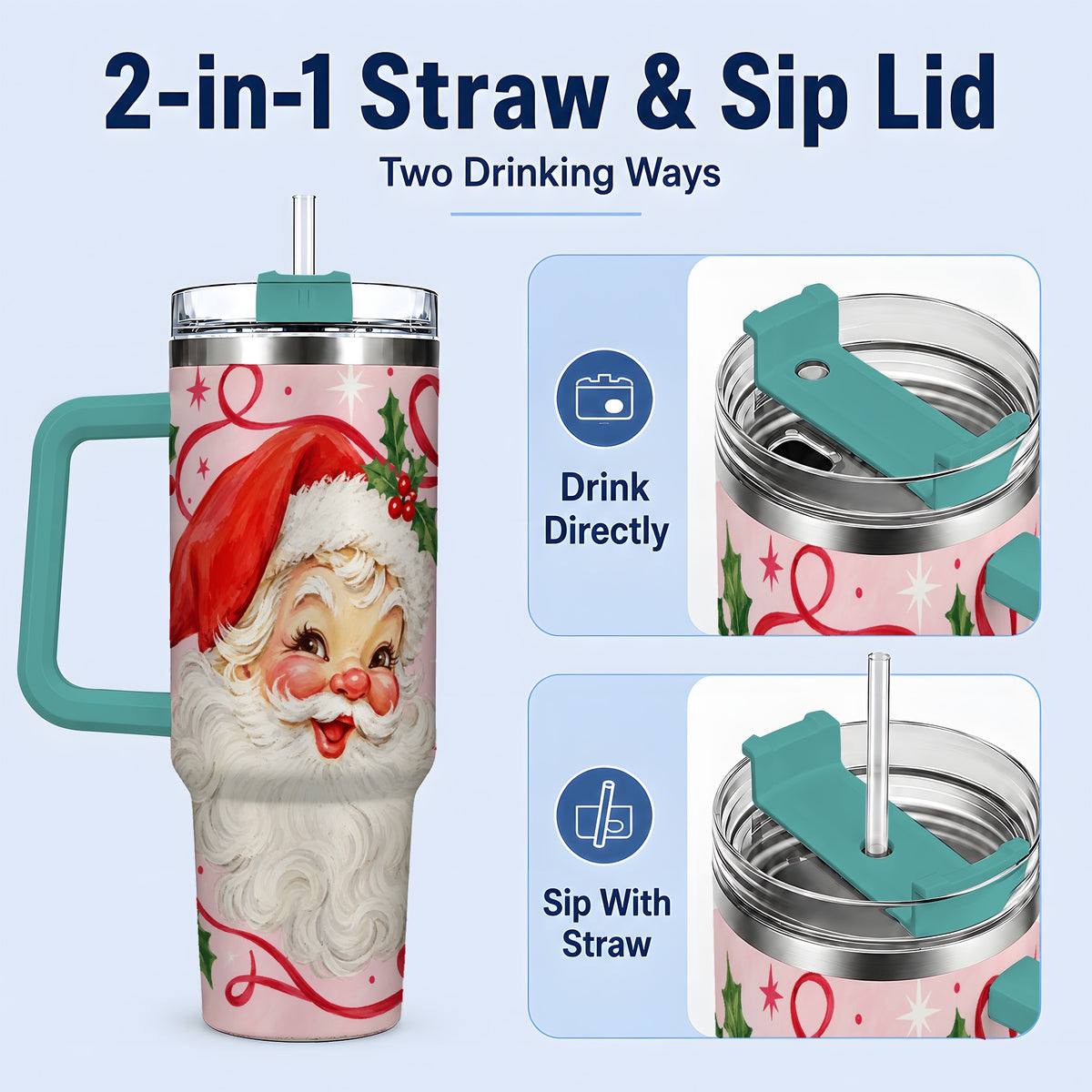 #pl[40oz|Green] Pink Santa Christmas 40oz Tumbler with Holly and Ribbon Holiday Artwork