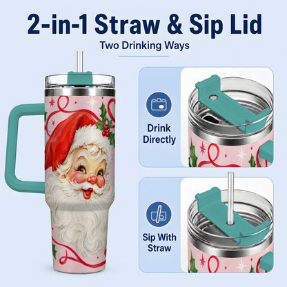 #pl[40oz|Green] Pink Santa Christmas 40oz Tumbler with Holly and Ribbon Holiday Artwork