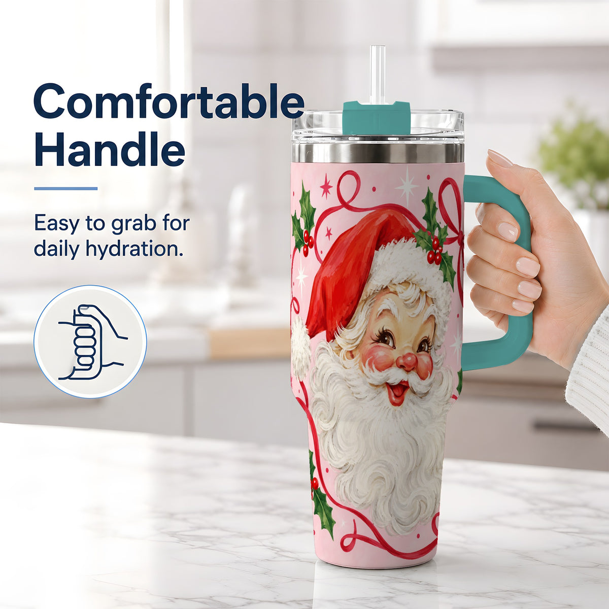 #pl[40oz|Green] Pink Santa Christmas 40oz Tumbler with Holly and Ribbon Holiday Artwork