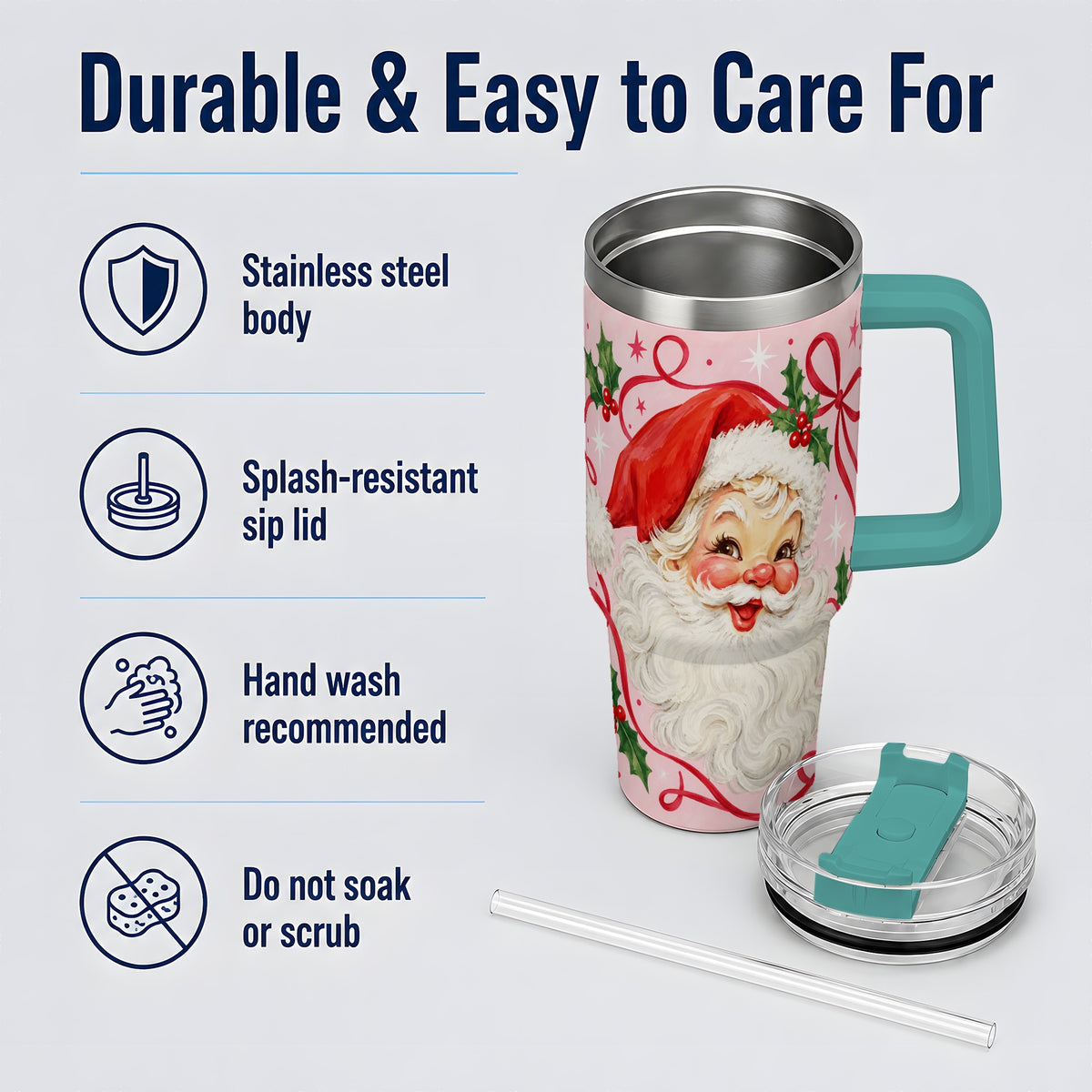 #pl[40oz|Green] Pink Santa Christmas 40oz Tumbler with Holly and Ribbon Holiday Artwork