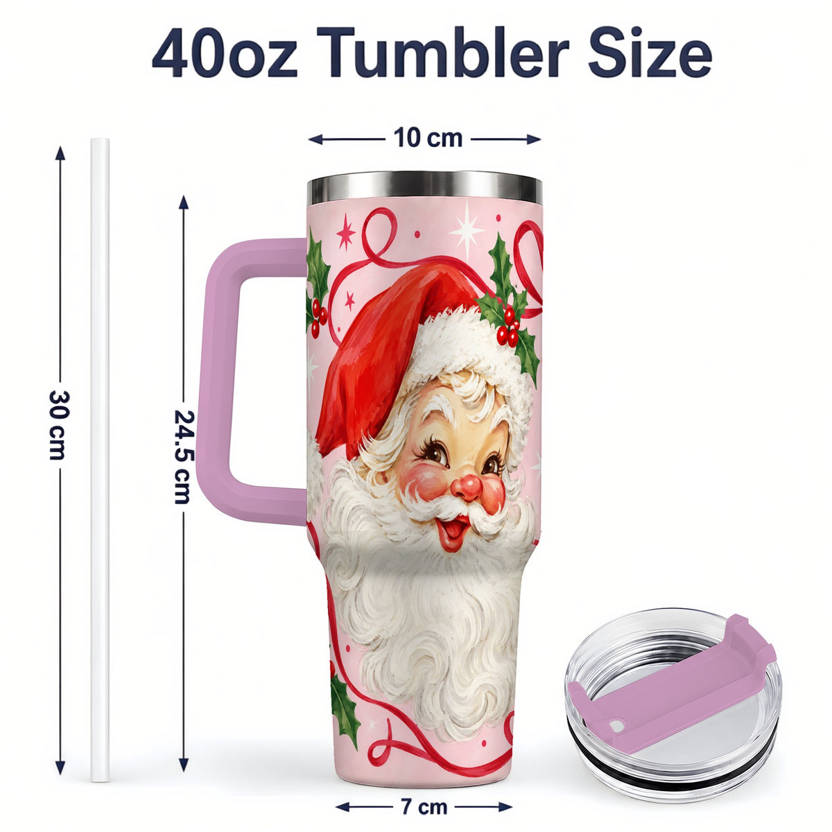 #pl[40oz|Pink] Pink Santa Christmas 40oz Tumbler with Holly and Ribbon Holiday Artwork