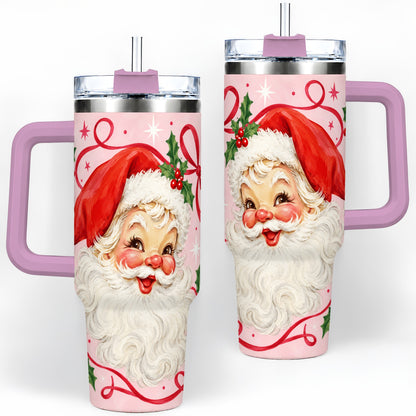 #pl[40oz|Pink] Pink Santa Christmas 40oz Tumbler with Holly and Ribbon Holiday Artwork