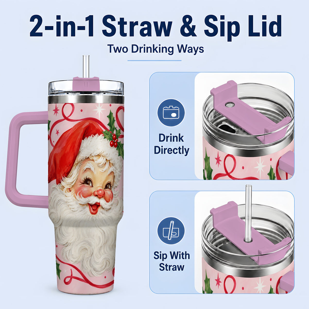 #pl[40oz|Pink] Pink Santa Christmas 40oz Tumbler with Holly and Ribbon Holiday Artwork