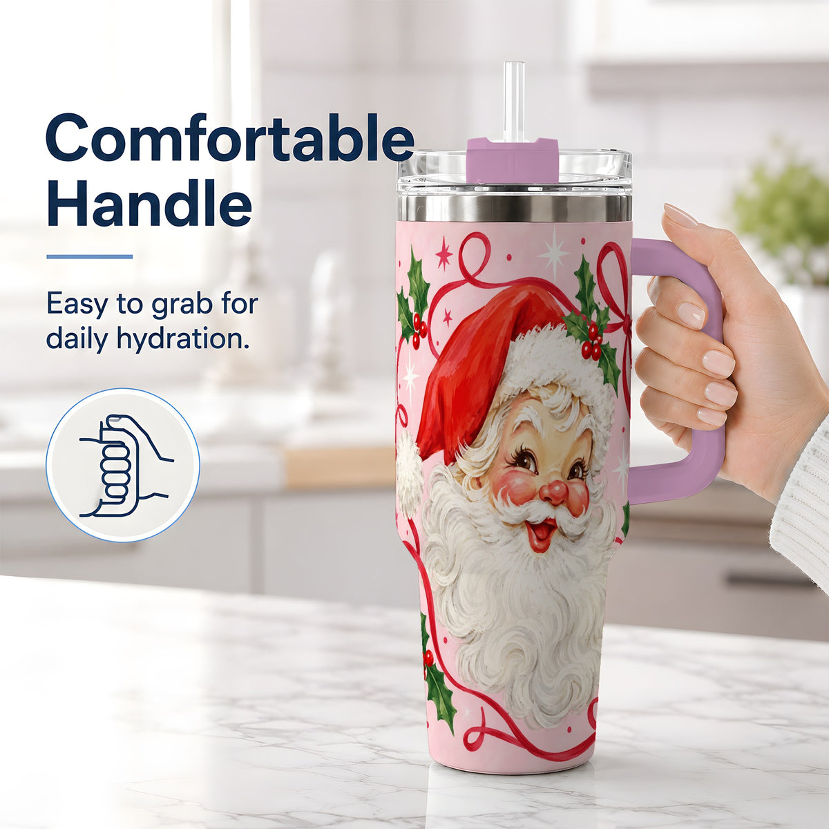 #pl[40oz|Pink] Pink Santa Christmas 40oz Tumbler with Holly and Ribbon Holiday Artwork
