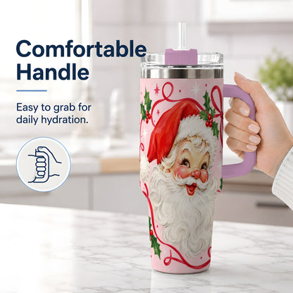 #pl[40oz|Pink] Pink Santa Christmas 40oz Tumbler with Holly and Ribbon Holiday Artwork
