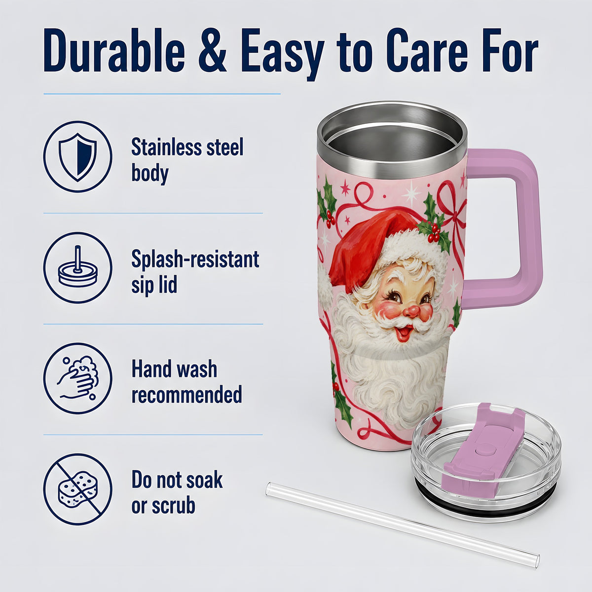 #pl[40oz|Pink] Pink Santa Christmas 40oz Tumbler with Holly and Ribbon Holiday Artwork