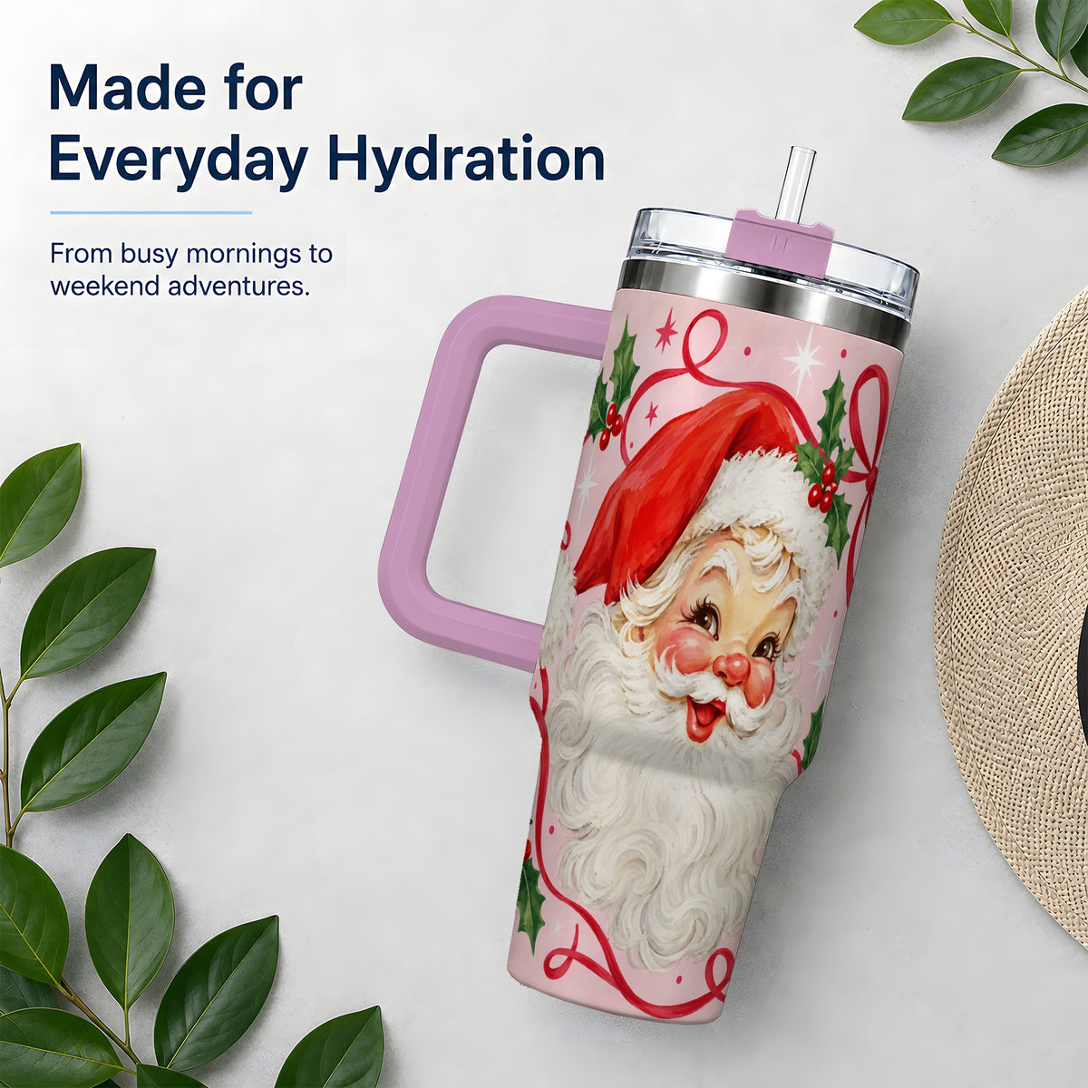 #pl[40oz|Pink] Pink Santa Christmas 40oz Tumbler with Holly and Ribbon Holiday Artwork