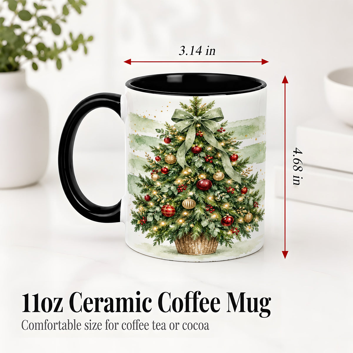 #pl[11oz|Black] Sage Bow Christmas Tree Ceramic Mug, Watercolor Holiday Artwork