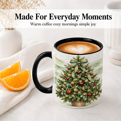 #pl[11oz|Black] Sage Bow Christmas Tree Ceramic Mug, Watercolor Holiday Artwork