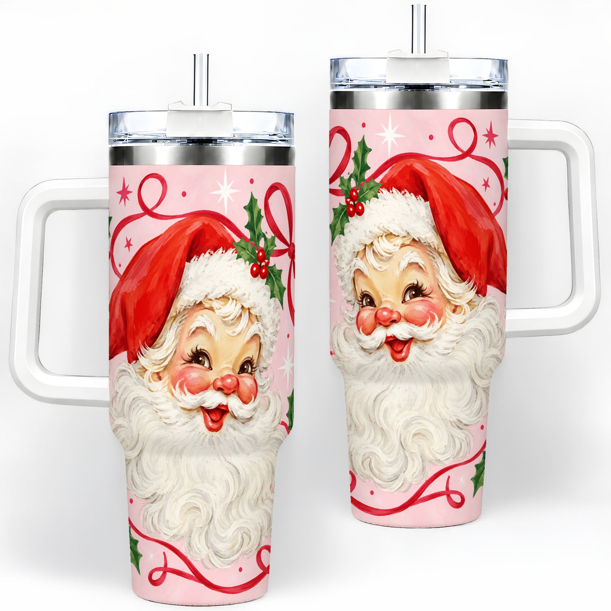 Pink Santa Christmas 40oz Tumbler with Holly and Ribbon Holiday Artwork