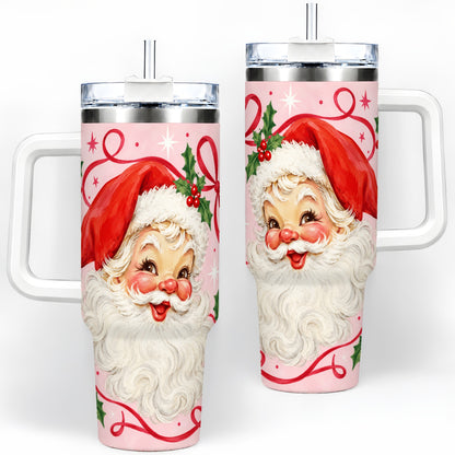 Pink Santa Christmas 40oz Tumbler with Holly and Ribbon Holiday Artwork