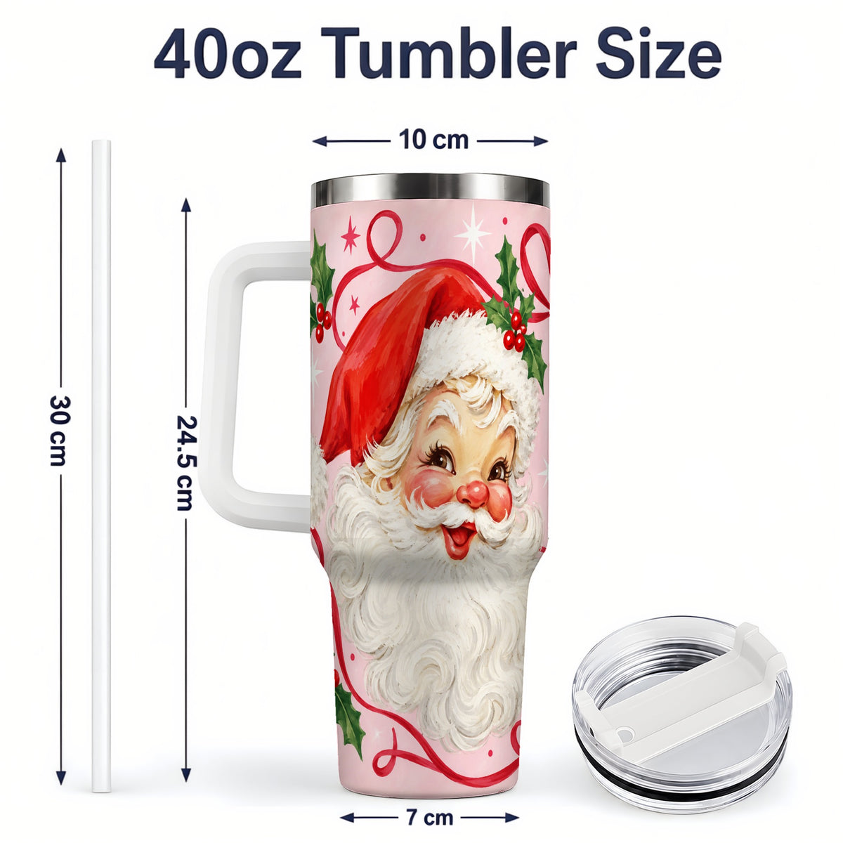 #pl[40oz|White] Pink Santa Christmas 40oz Tumbler with Holly and Ribbon Holiday Artwork