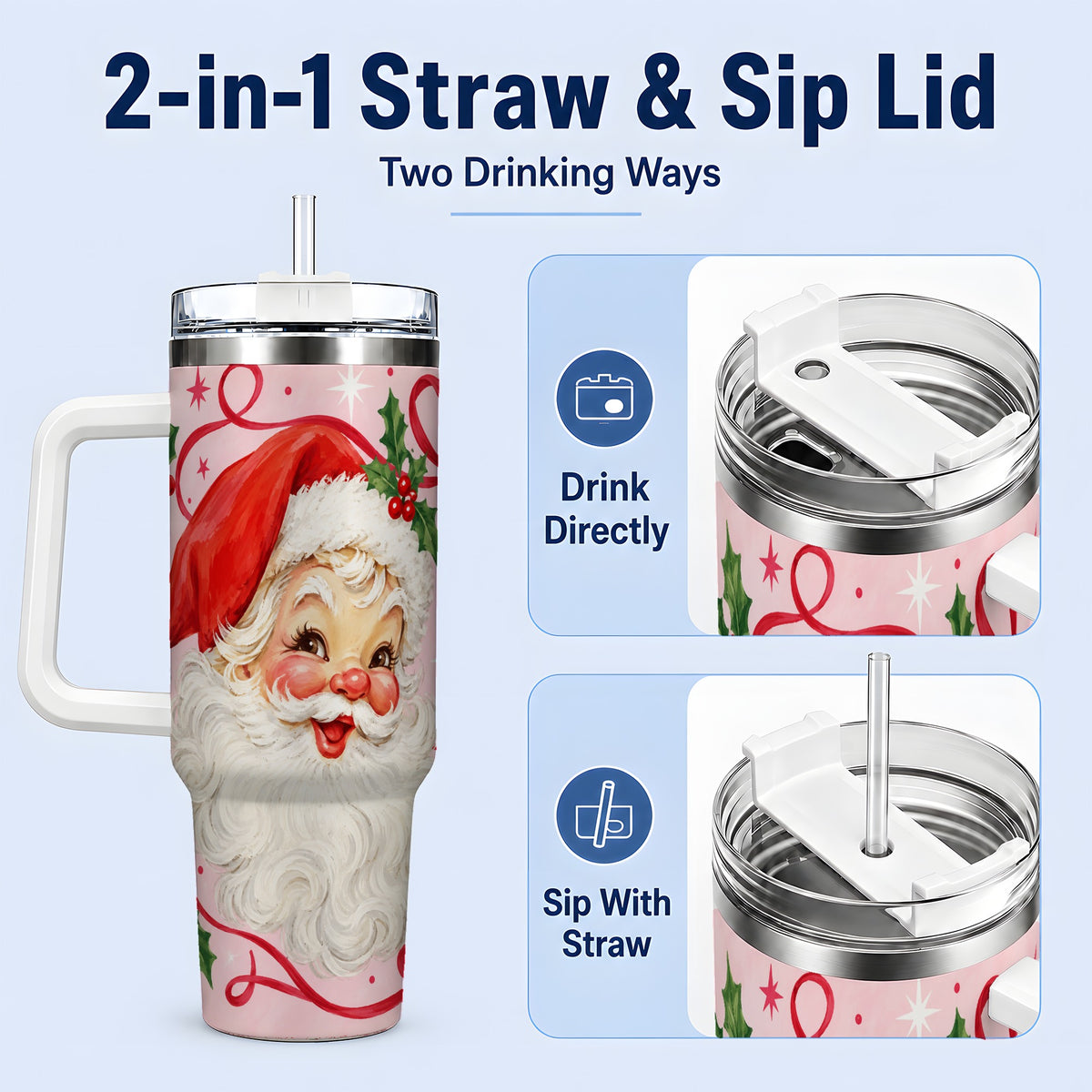#pl[40oz|White] Pink Santa Christmas 40oz Tumbler with Holly and Ribbon Holiday Artwork