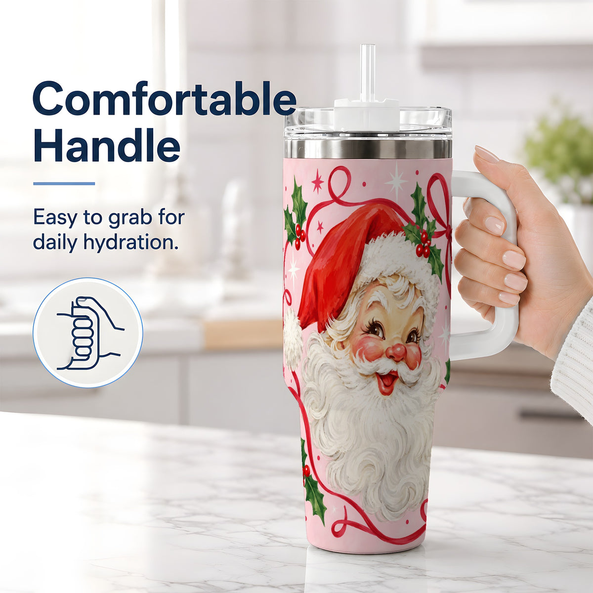 #pl[40oz|White] Pink Santa Christmas 40oz Tumbler with Holly and Ribbon Holiday Artwork