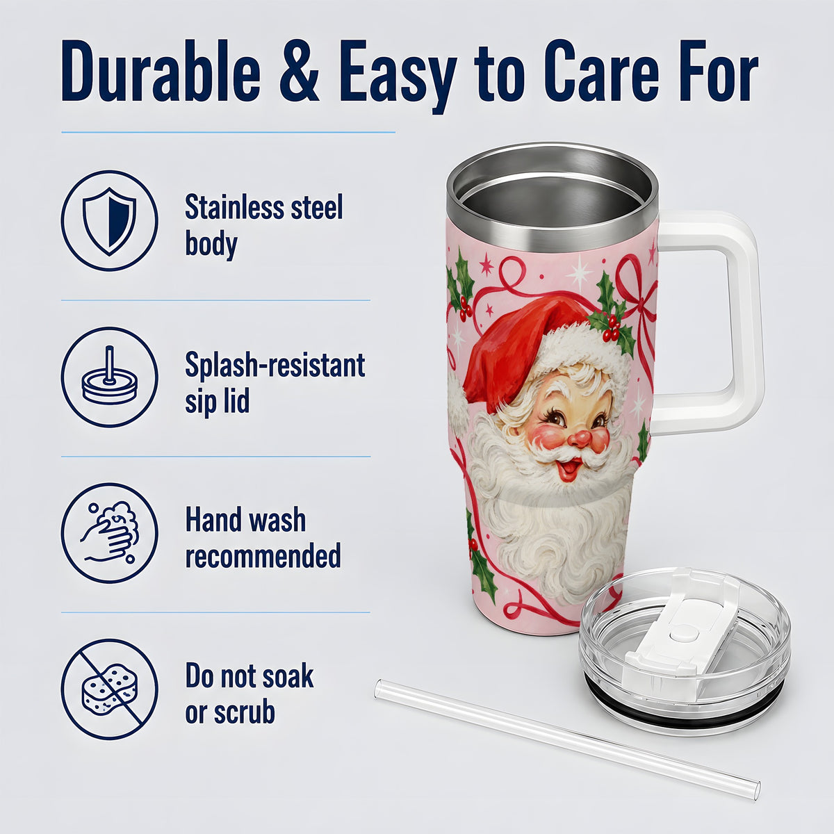 #pl[40oz|White] Pink Santa Christmas 40oz Tumbler with Holly and Ribbon Holiday Artwork
