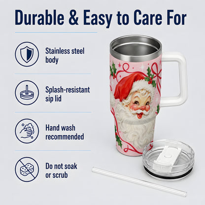 #pl[40oz|White] Pink Santa Christmas 40oz Tumbler with Holly and Ribbon Holiday Artwork