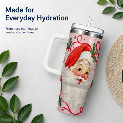#pl[40oz|White] Pink Santa Christmas 40oz Tumbler with Holly and Ribbon Holiday Artwork