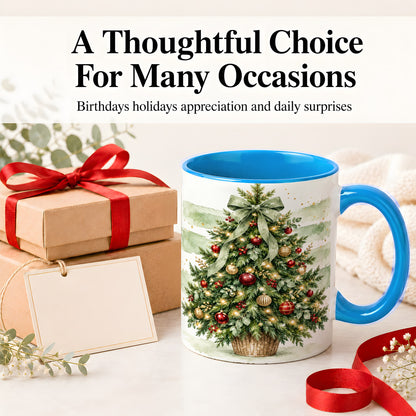 #pl[11oz|Blue] Sage Bow Christmas Tree Ceramic Mug, Watercolor Holiday Artwork