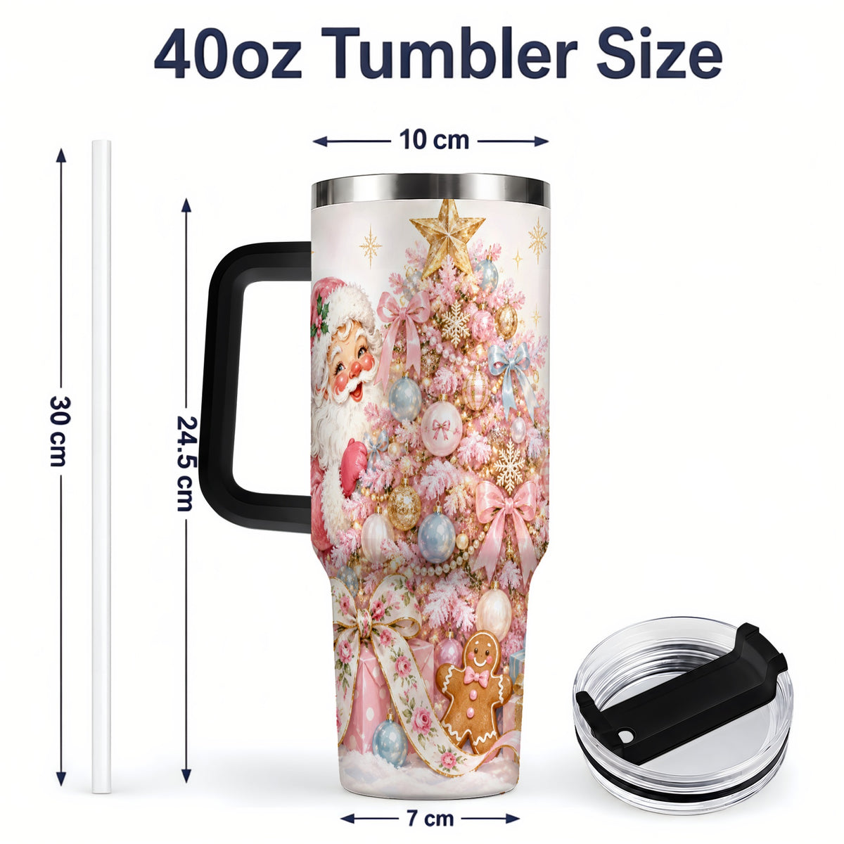 #pl[40oz|Black] Pink Christmas Tree Santa 40oz Tumbler with Gingerbread Holiday Artwork