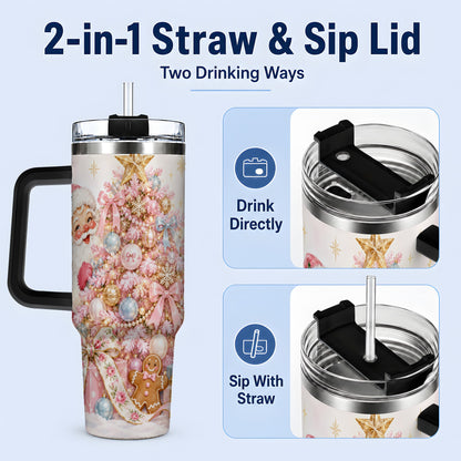#pl[40oz|Black] Pink Christmas Tree Santa 40oz Tumbler with Gingerbread Holiday Artwork