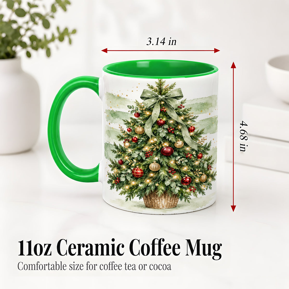 #pl[11oz|Green] Sage Bow Christmas Tree Ceramic Mug, Watercolor Holiday Artwork