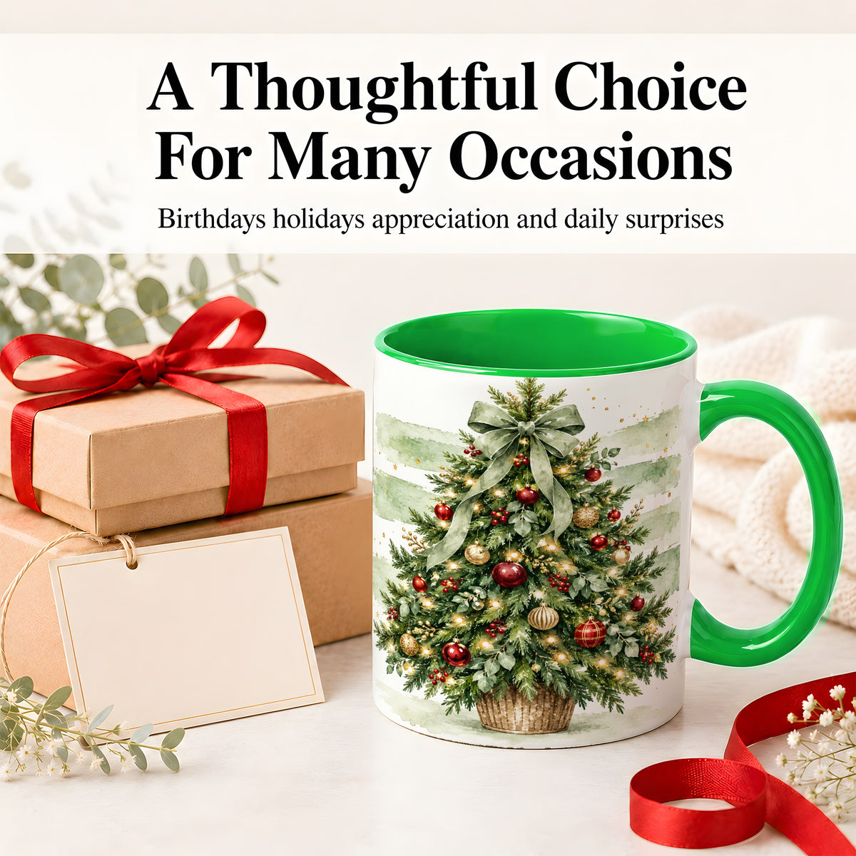 #pl[11oz|Green] Sage Bow Christmas Tree Ceramic Mug, Watercolor Holiday Artwork
