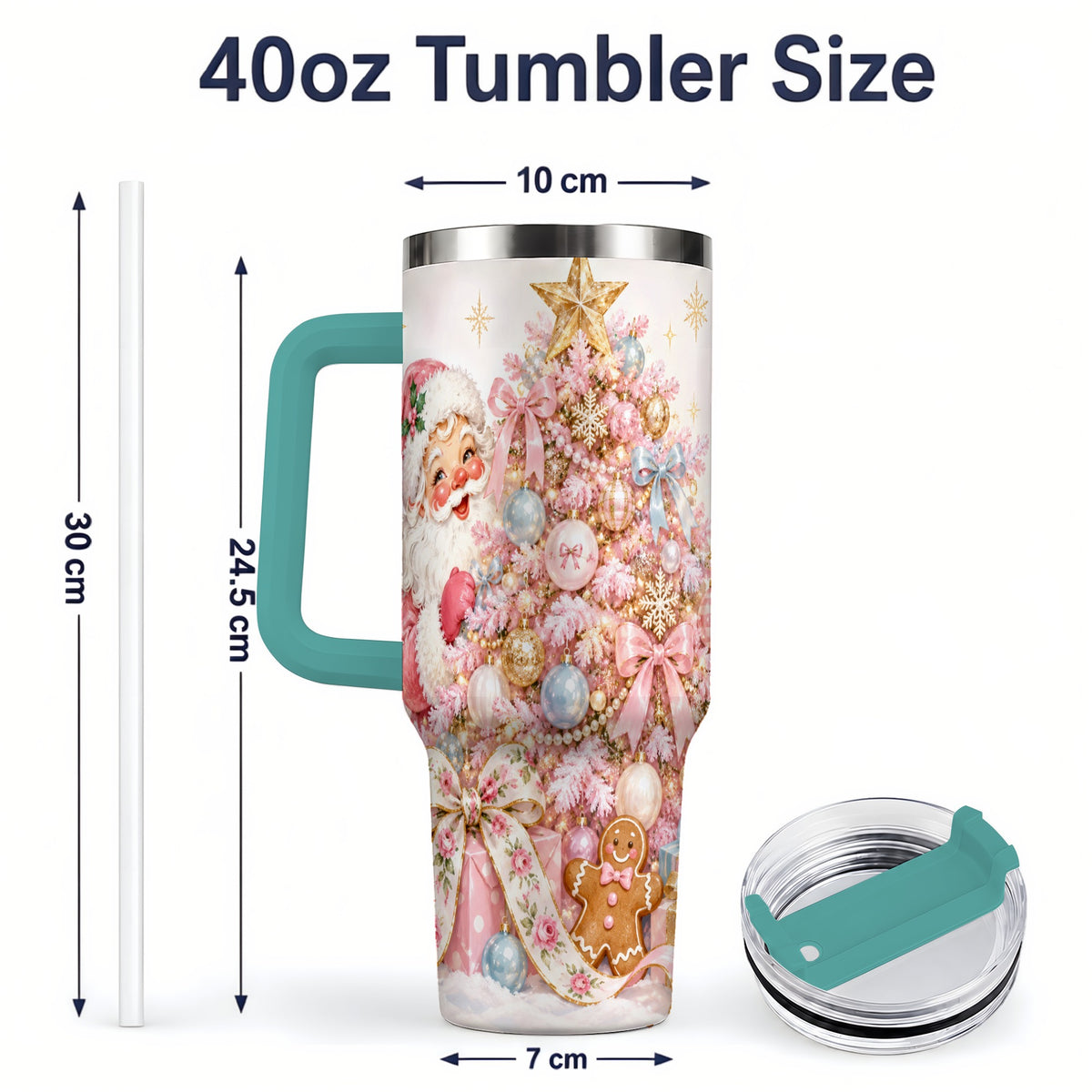 #pl[40oz|Green] Pink Christmas Tree Santa 40oz Tumbler with Gingerbread Holiday Artwork