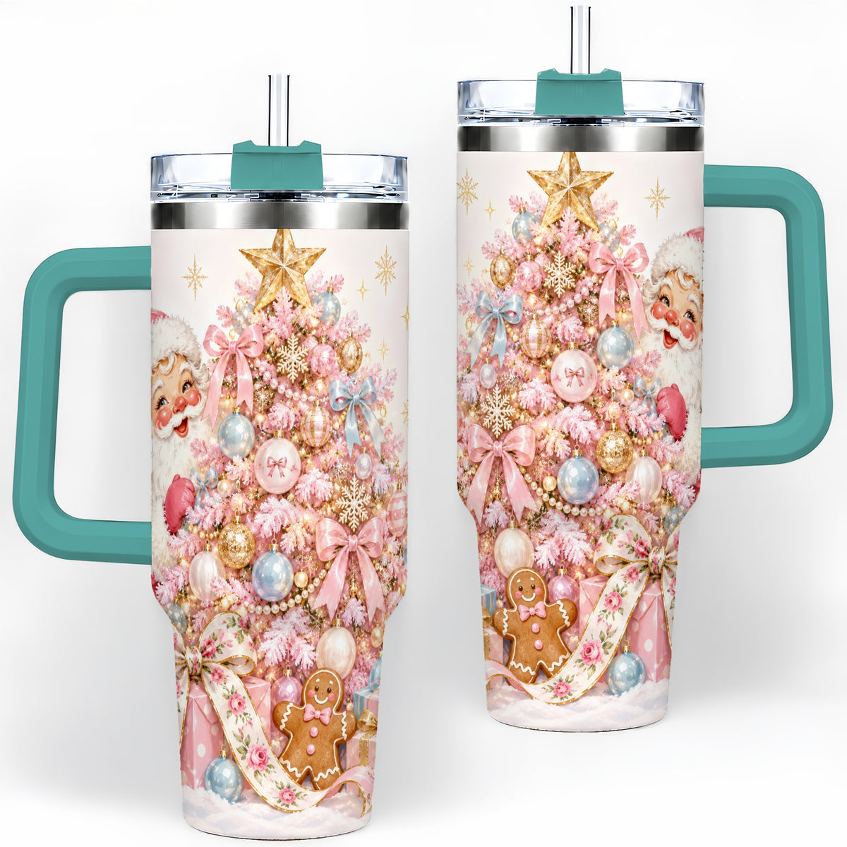 #pl[40oz|Green] Pink Christmas Tree Santa 40oz Tumbler with Gingerbread Holiday Artwork