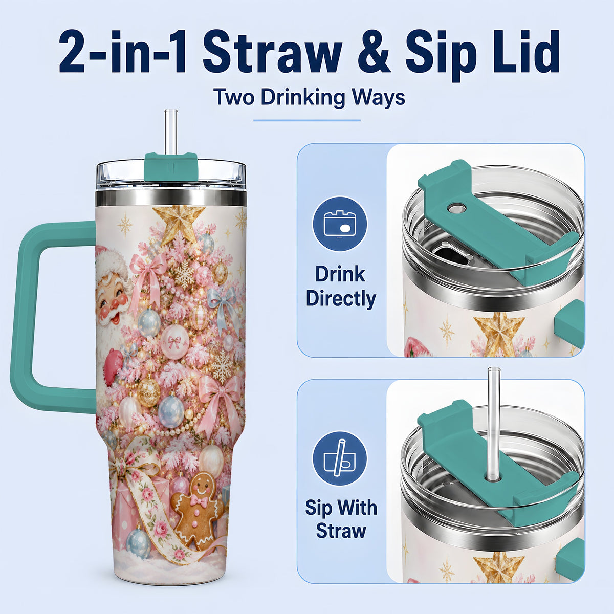 #pl[40oz|Green] Pink Christmas Tree Santa 40oz Tumbler with Gingerbread Holiday Artwork