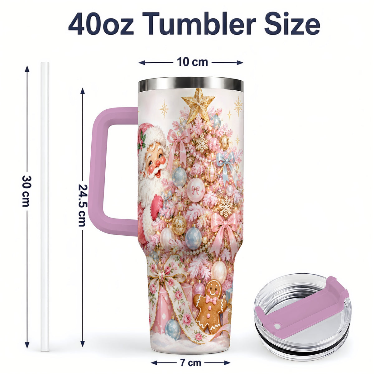 #pl[40oz|Pink] Pink Christmas Tree Santa 40oz Tumbler with Gingerbread Holiday Artwork