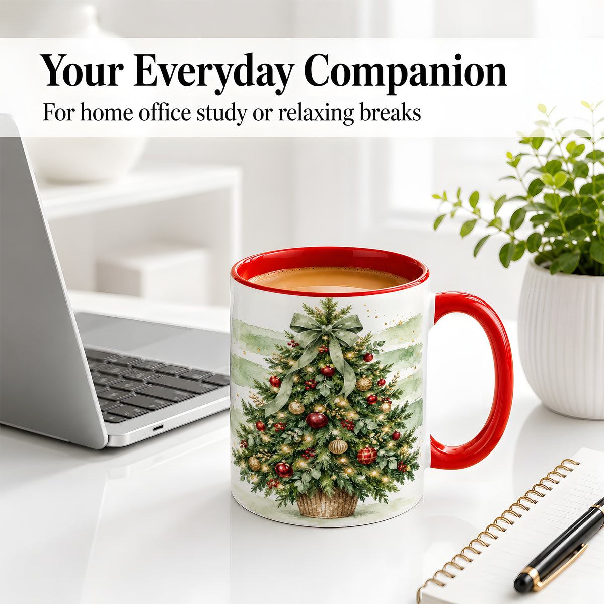 #pl[11oz|Red] Sage Bow Christmas Tree Ceramic Mug, Watercolor Holiday Artwork