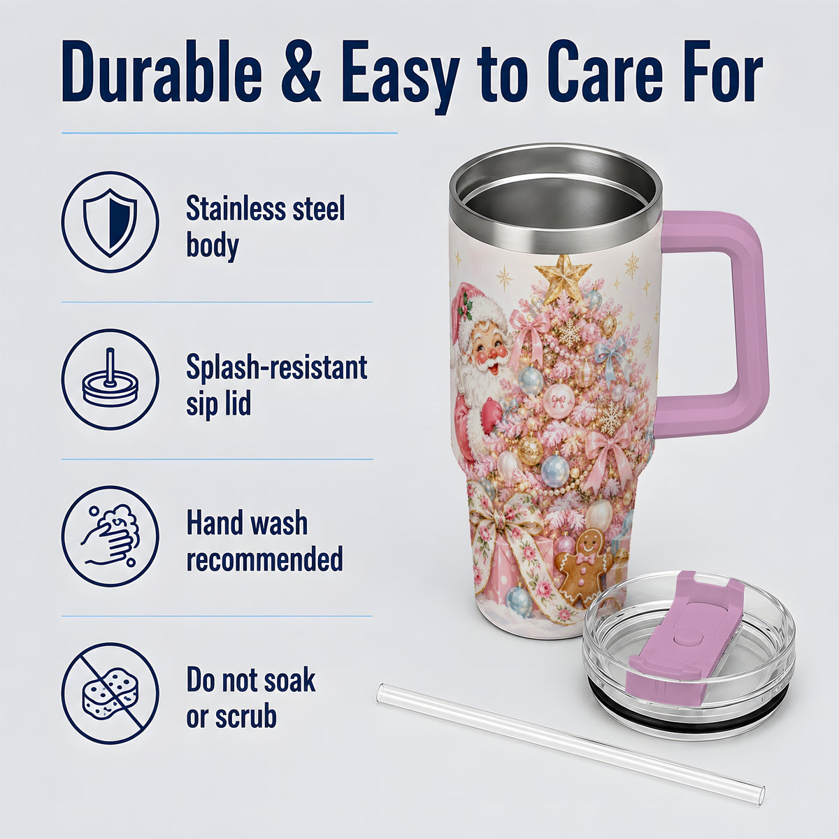#pl[40oz|Pink] Pink Christmas Tree Santa 40oz Tumbler with Gingerbread Holiday Artwork