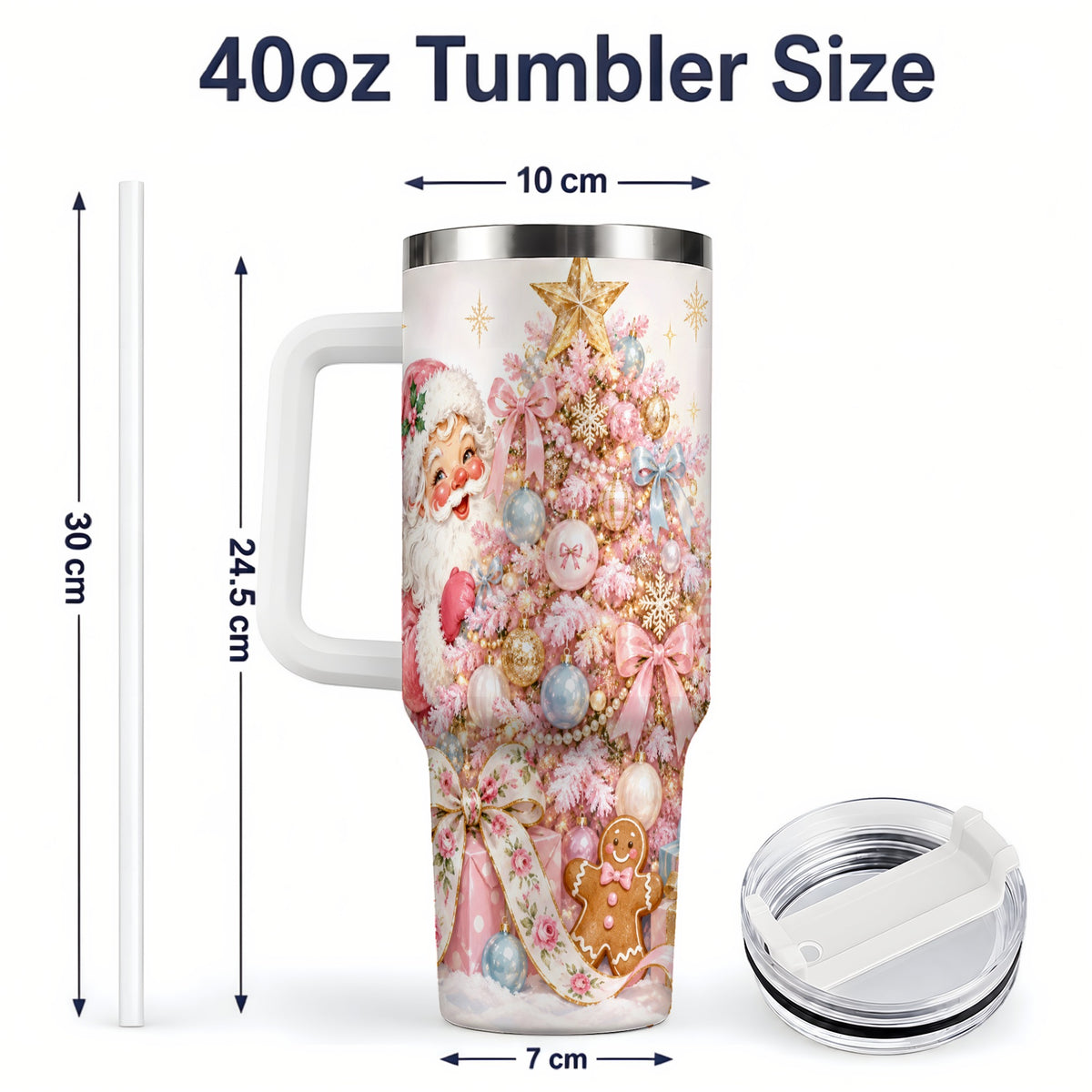 #pl[40oz|White] Pink Christmas Tree Santa 40oz Tumbler with Gingerbread Holiday Artwork