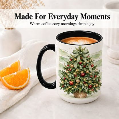 #pl[15oz|Black] Sage Bow Christmas Tree Ceramic Mug, Watercolor Holiday Artwork