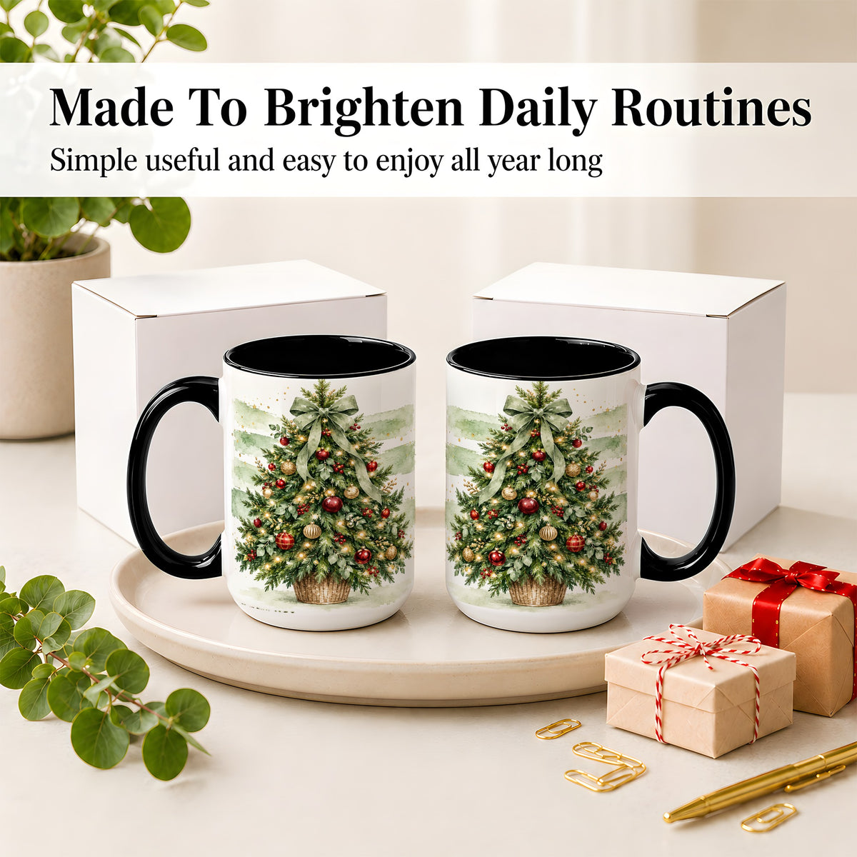 #pl[15oz|Black] Sage Bow Christmas Tree Ceramic Mug, Watercolor Holiday Artwork
