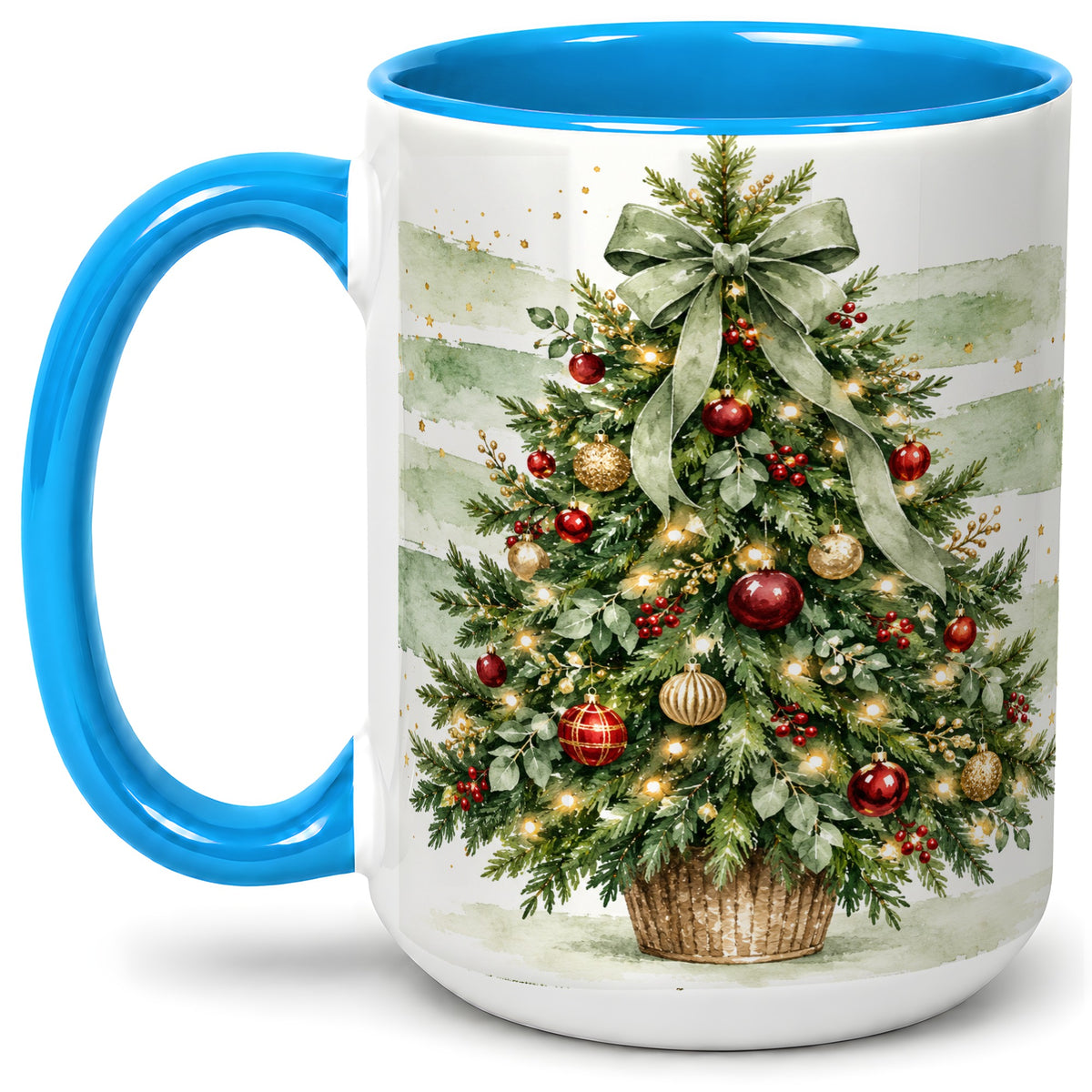 #pl[15oz|Blue] Sage Bow Christmas Tree Ceramic Mug, Watercolor Holiday Artwork