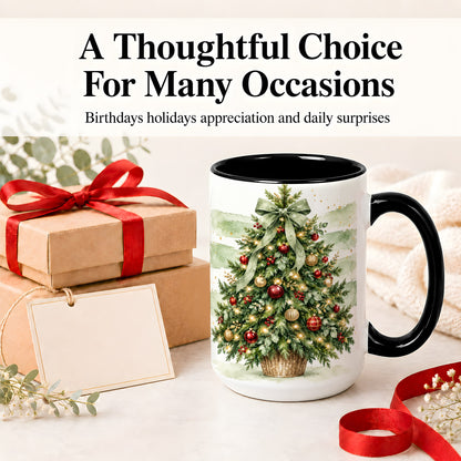 #pl[15oz|Black] Sage Bow Christmas Tree Ceramic Mug, Watercolor Holiday Artwork