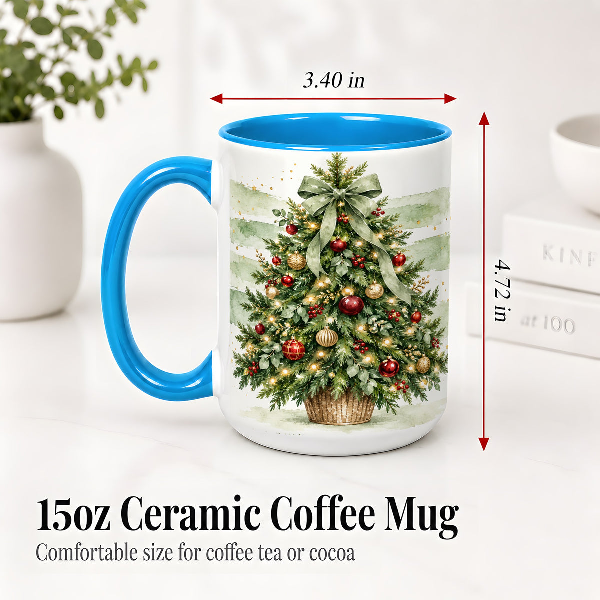 #pl[15oz|Blue] Sage Bow Christmas Tree Ceramic Mug, Watercolor Holiday Artwork
