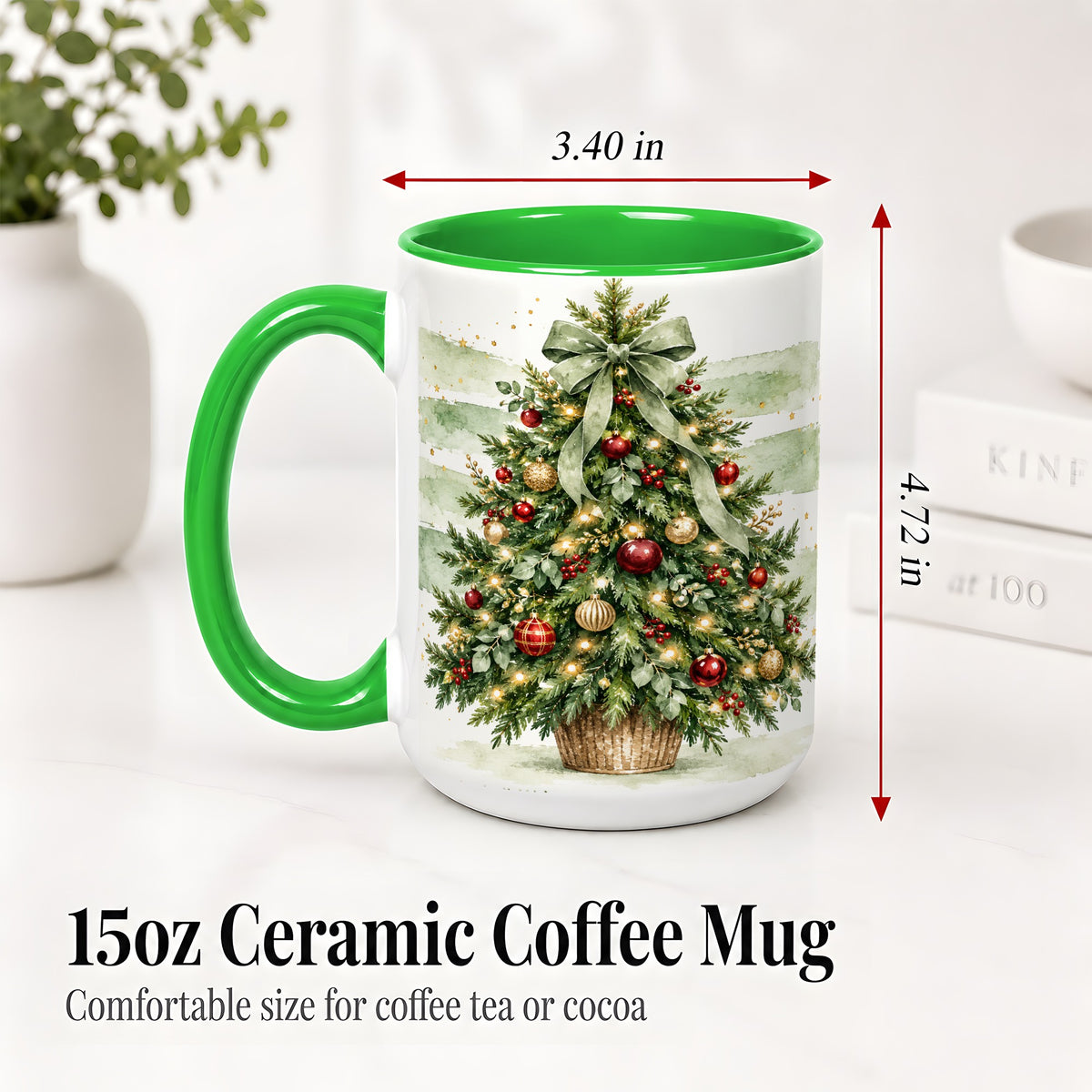 #pl[15oz|Green] Sage Bow Christmas Tree Ceramic Mug, Watercolor Holiday Artwork