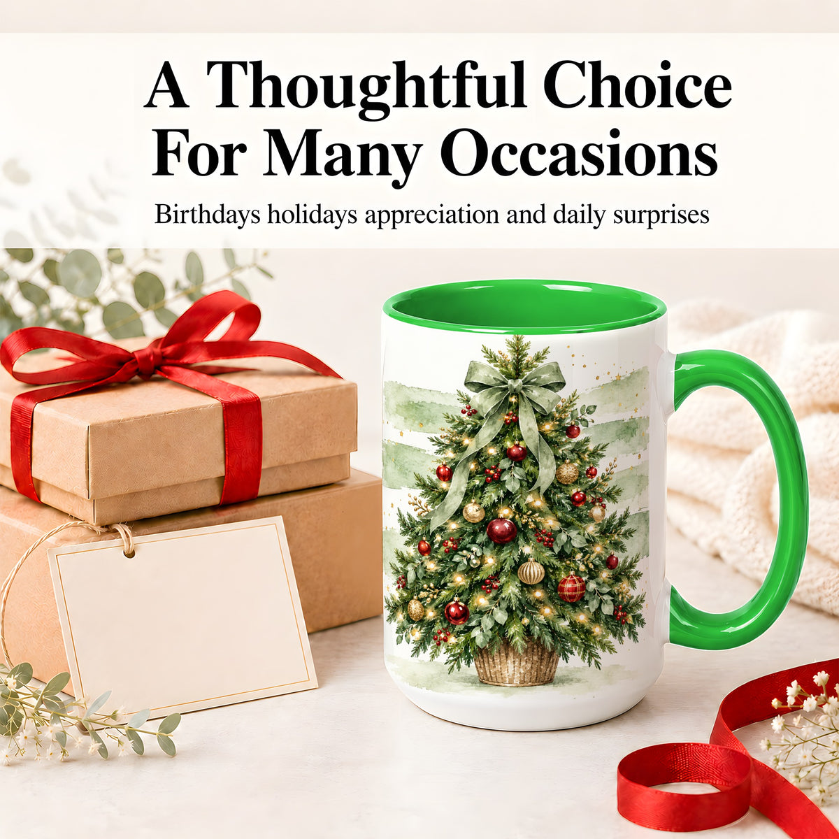 #pl[15oz|Green] Sage Bow Christmas Tree Ceramic Mug, Watercolor Holiday Artwork