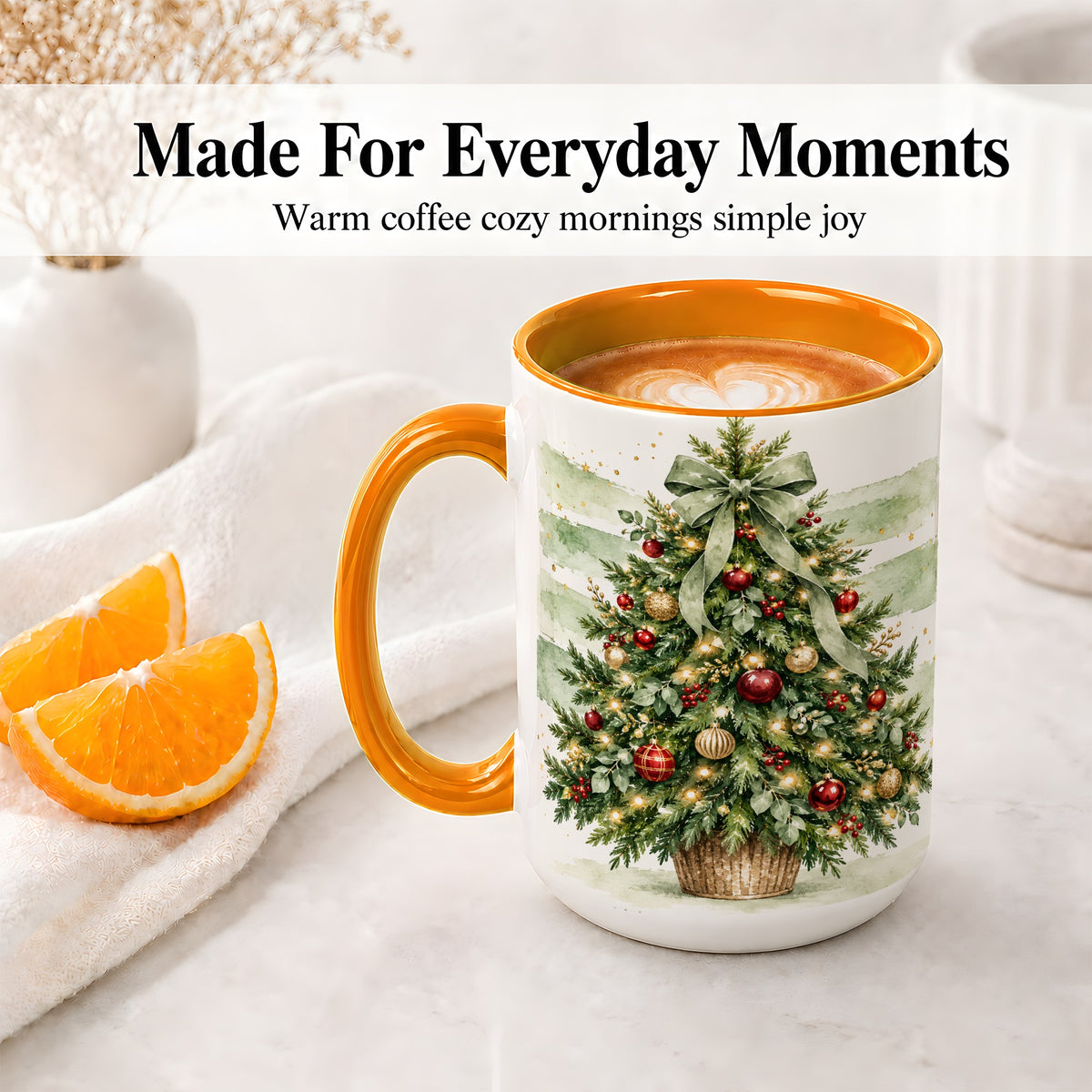 #pl[15oz|Orange] Sage Bow Christmas Tree Ceramic Mug, Watercolor Holiday Artwork