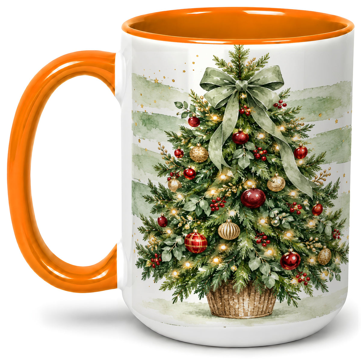 #pl[15oz|Orange] Sage Bow Christmas Tree Ceramic Mug, Watercolor Holiday Artwork