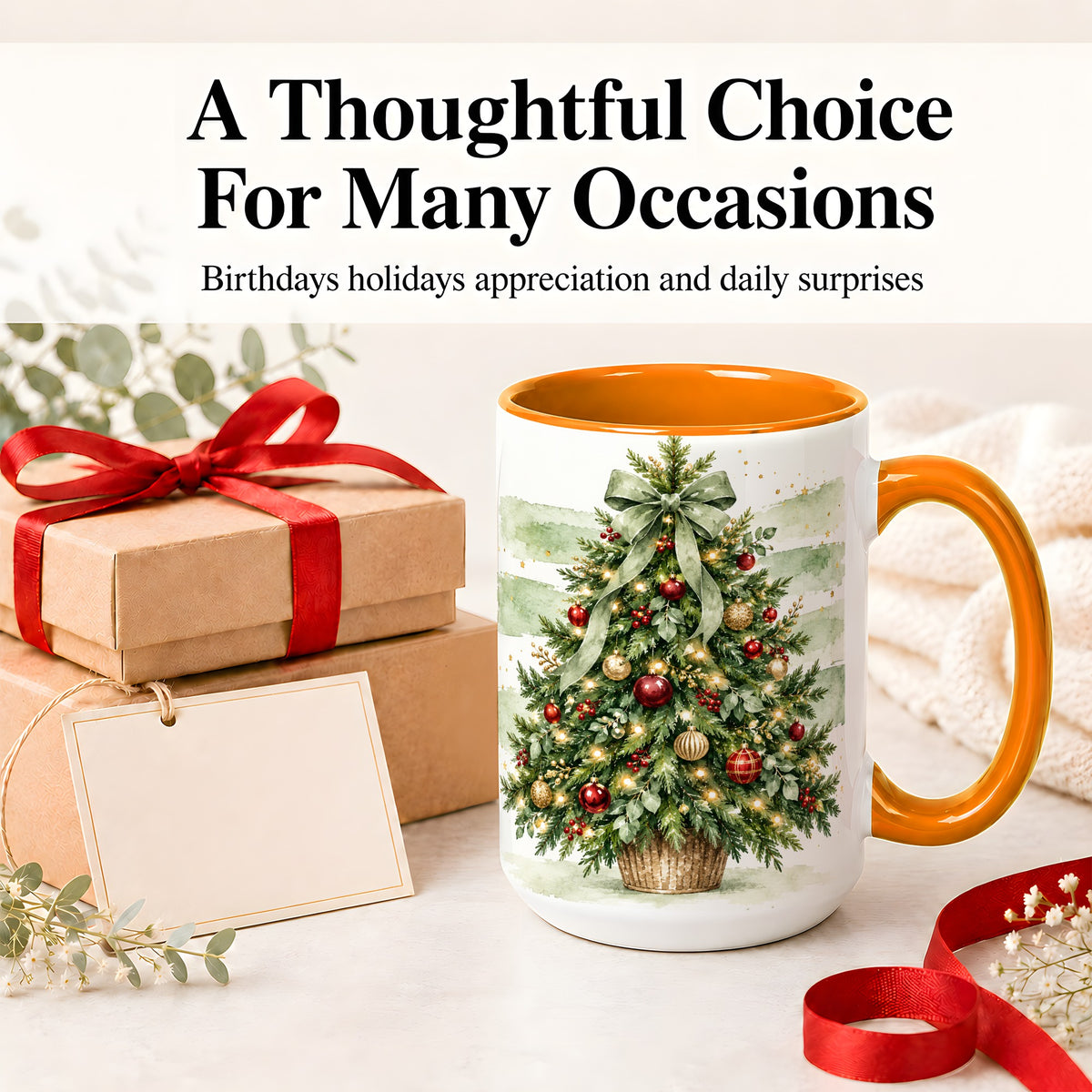 #pl[15oz|Orange] Sage Bow Christmas Tree Ceramic Mug, Watercolor Holiday Artwork