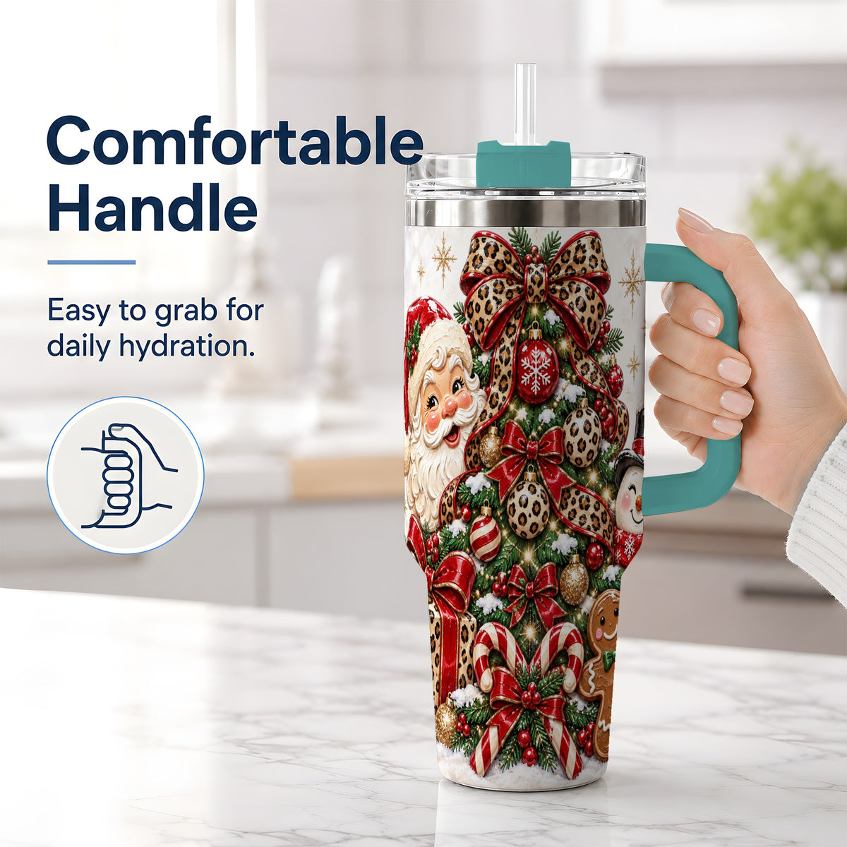 #pl[40oz|Green] Leopard Christmas Tree Santa 40oz Tumbler with Snowman Holiday Artwork