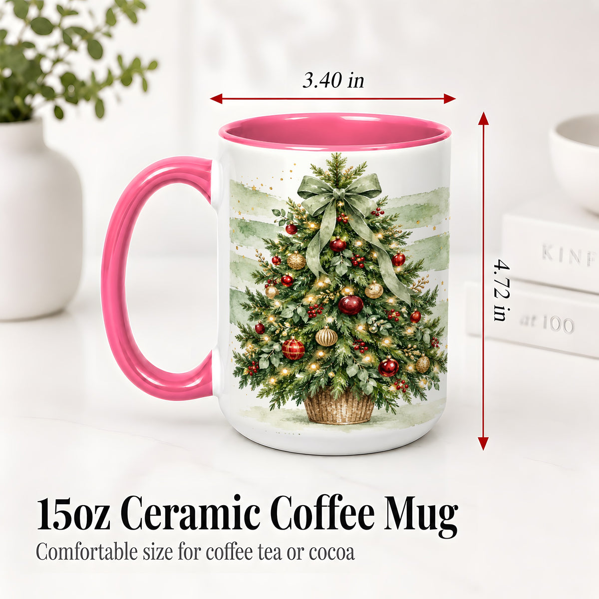 #pl[15oz|Pink] Sage Bow Christmas Tree Ceramic Mug, Watercolor Holiday Artwork