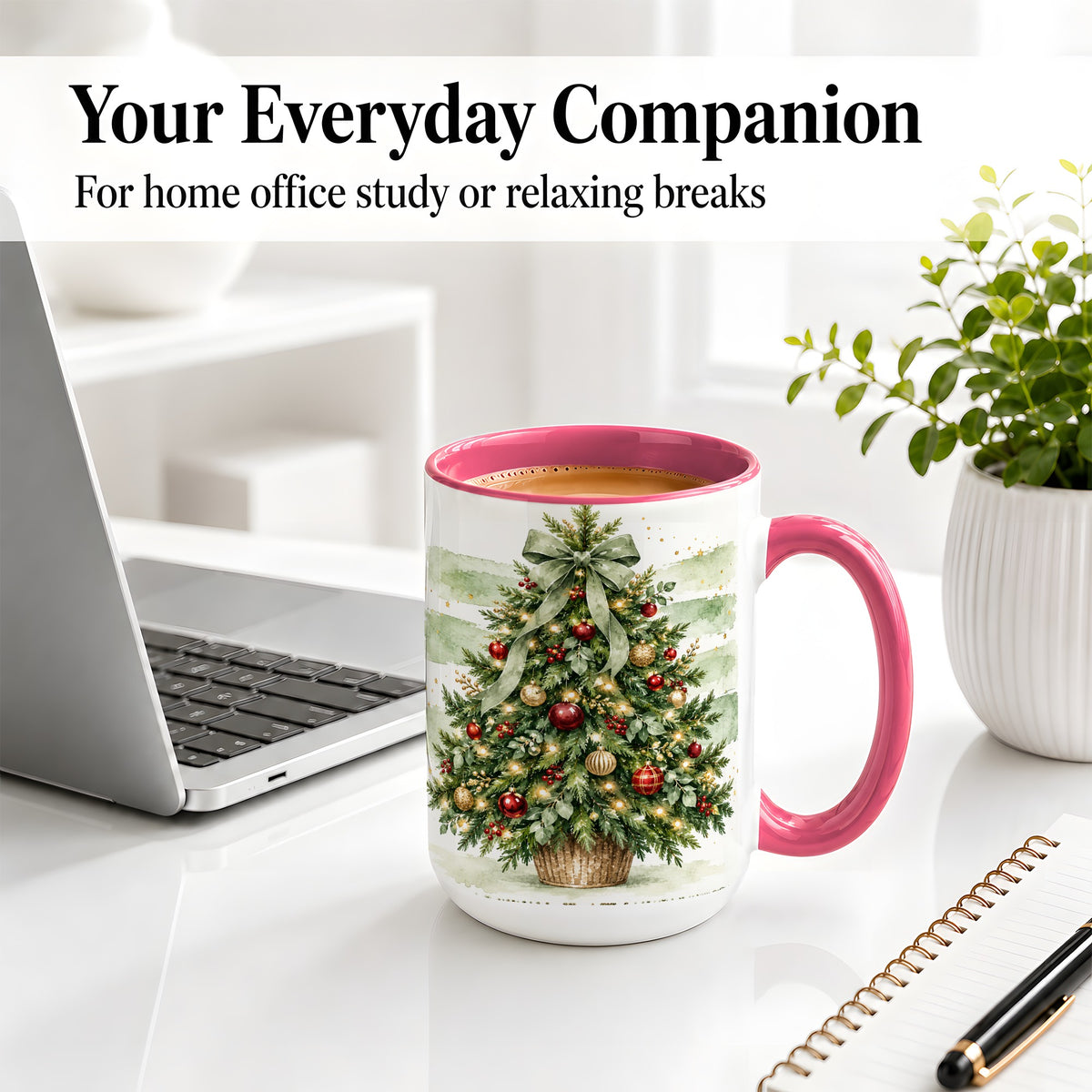 #pl[15oz|Pink] Sage Bow Christmas Tree Ceramic Mug, Watercolor Holiday Artwork