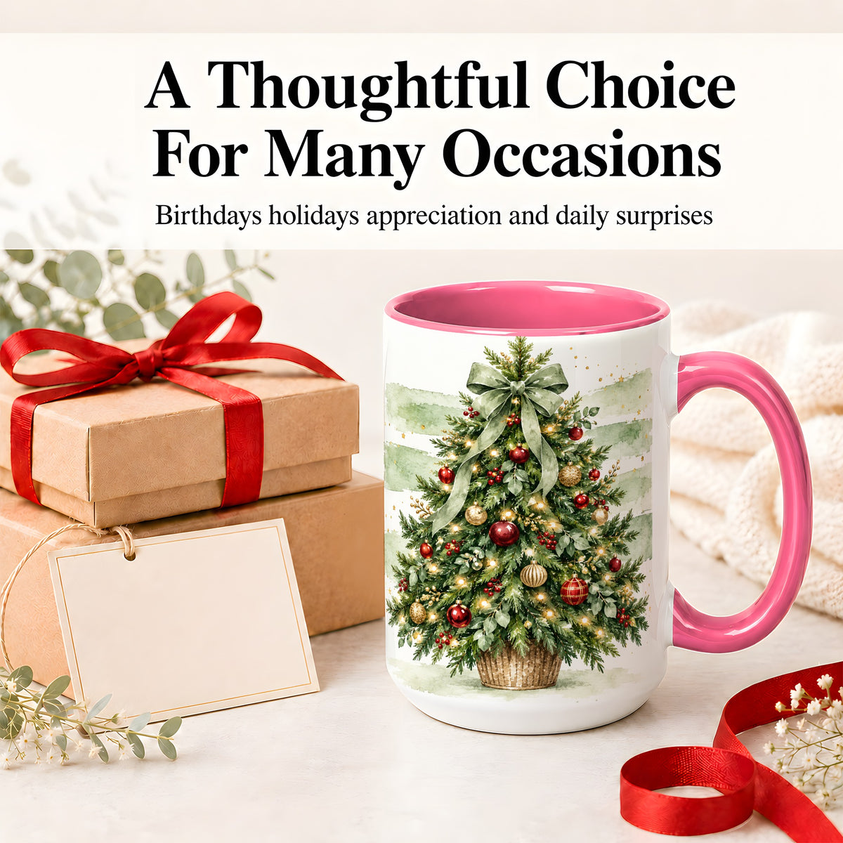 #pl[15oz|Pink] Sage Bow Christmas Tree Ceramic Mug, Watercolor Holiday Artwork