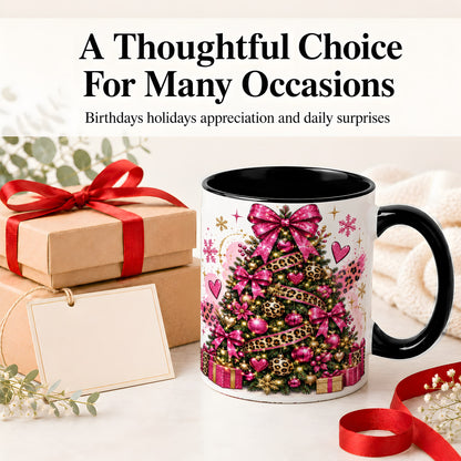 #pl[11oz|Black] Pink Leopard Christmas Ceramic Mug, Glitter Tree Holiday Artwork