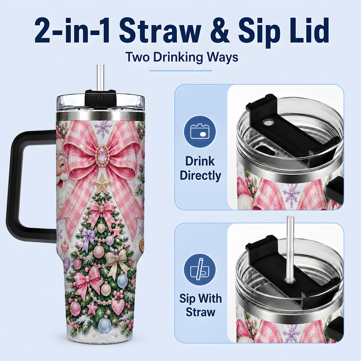 #pl[40oz|Black] Pink Bow Christmas 40oz Tumbler with Santa Snowman Holiday Artwork