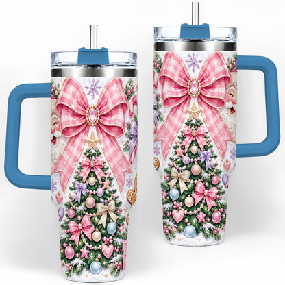 #pl[40oz|Blue] Pink Bow Christmas 40oz Tumbler with Santa Snowman Holiday Artwork